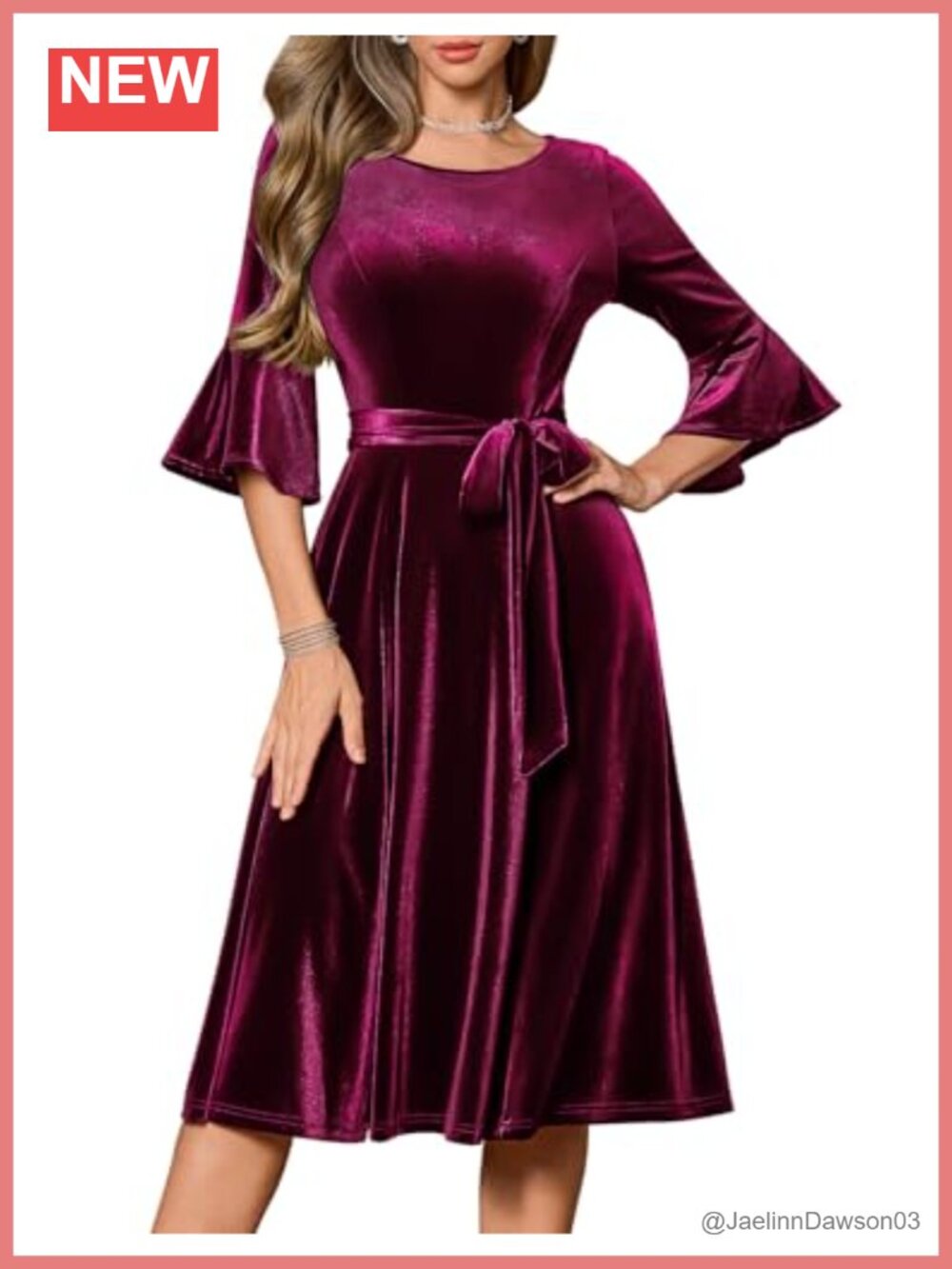 Long Sleeve Velvet Midi Dress Smocked High Waist Bell Sleeve Formal Cocktail
